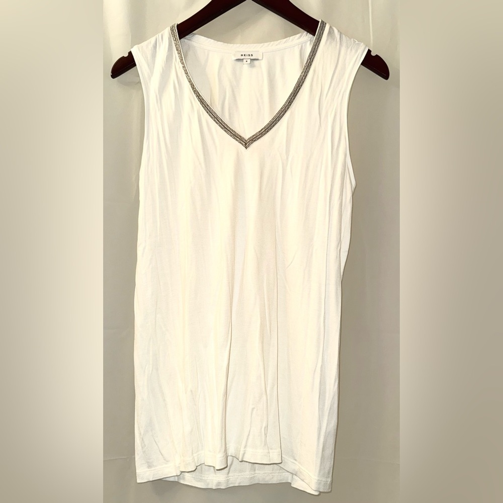 Reiss White V-Neck Top with Embellished Trim